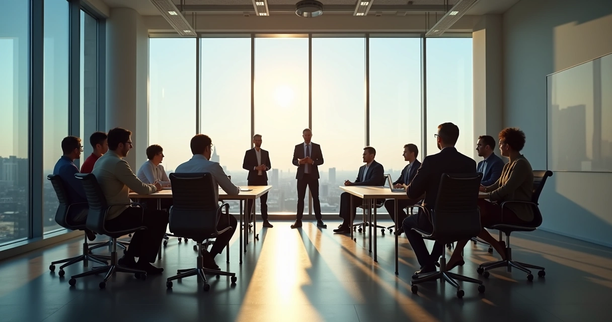 Personas de pie en una sala, representando con su ubicación relaciones organizacionales