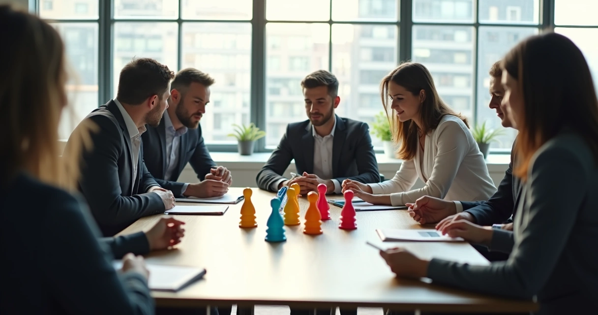 Personas de una empresa sentadas en círculo en una sala moderna, participando en una constelación organizacional, con figuras y papeles sobre una mesa en el centro 