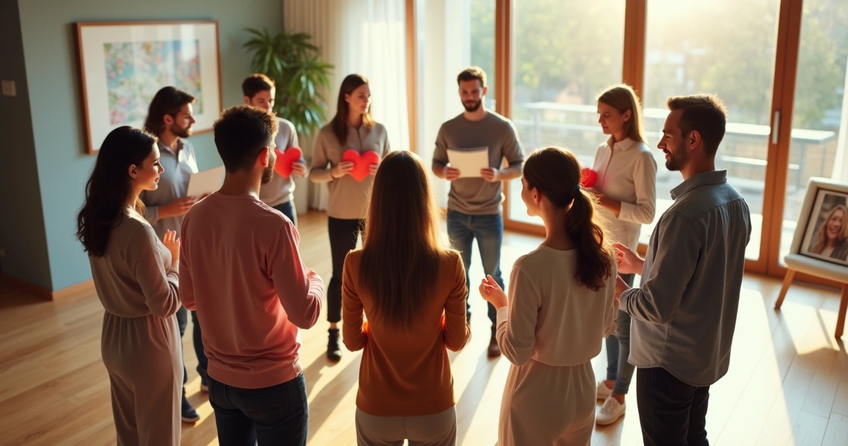 Círculo de personas en taller sistémico representando relaciones de pareja 