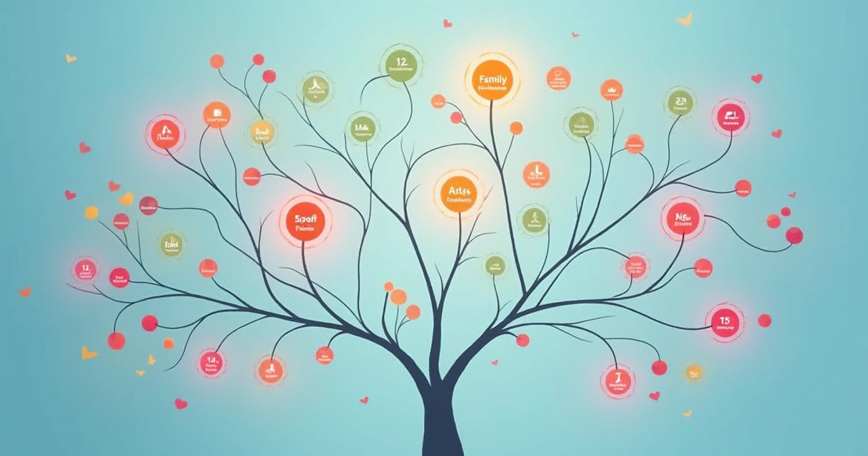 Figura de árbol genealógico con símbolos señalando líneas familiares 