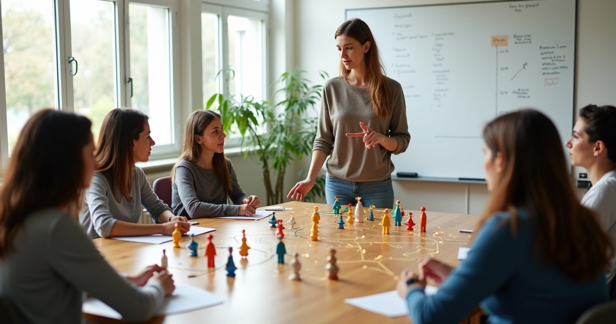 Docente guiando constelación sistémica con figuras de alumnos en un aula moderna 