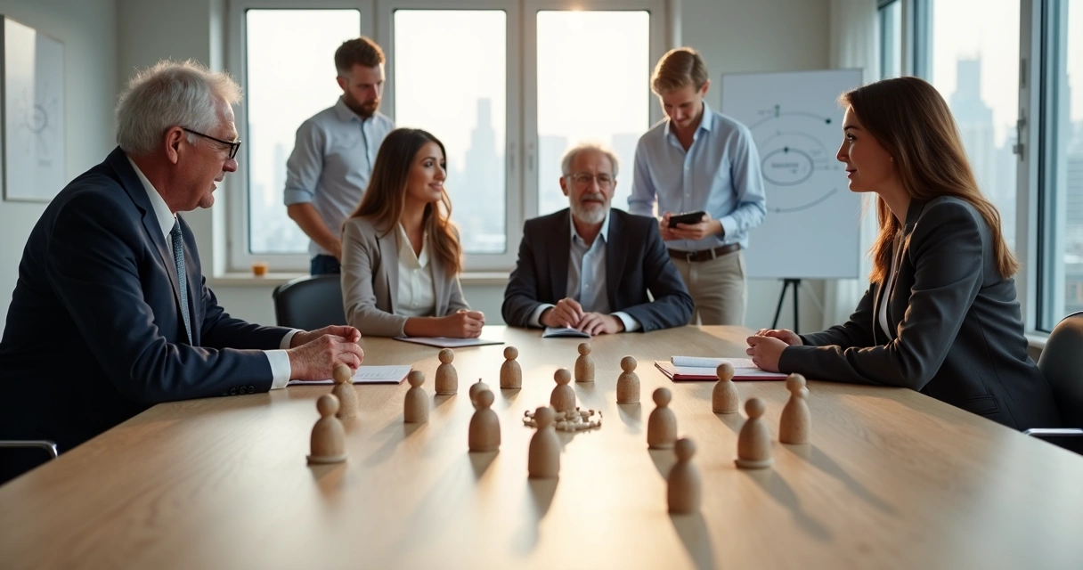 Reunión de familia empresaria observando una constelación sistémica con figuras en el suelo 