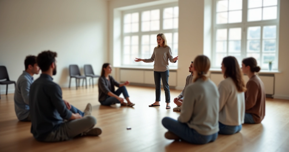 Facilitadora de constelación sistémica corrigiendo posiciones de representantes en un taller 