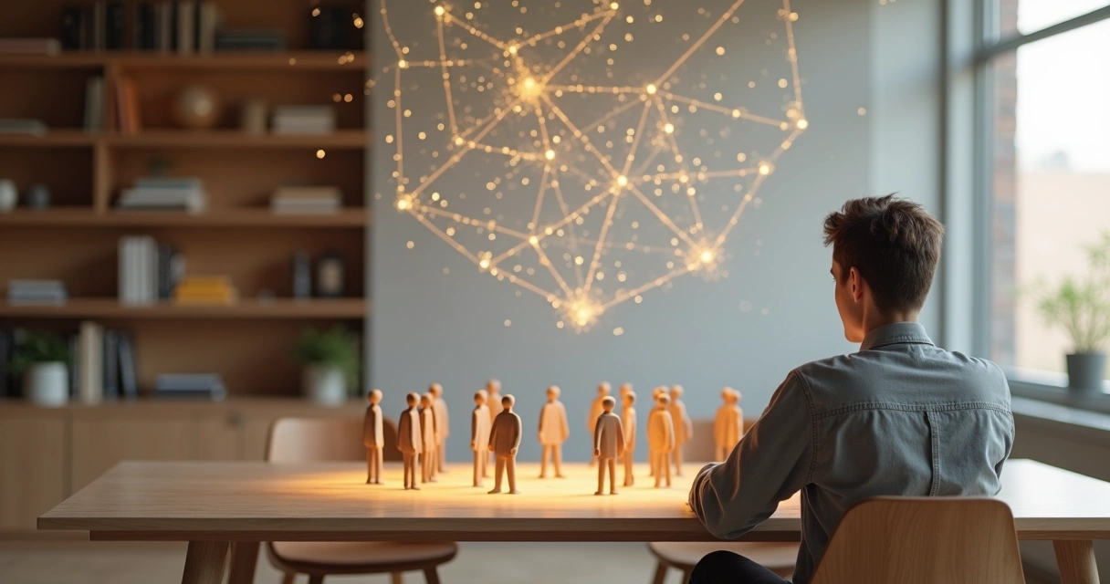 Persona observando una constelación sistémica con figuras conectadas por líneas de luz 