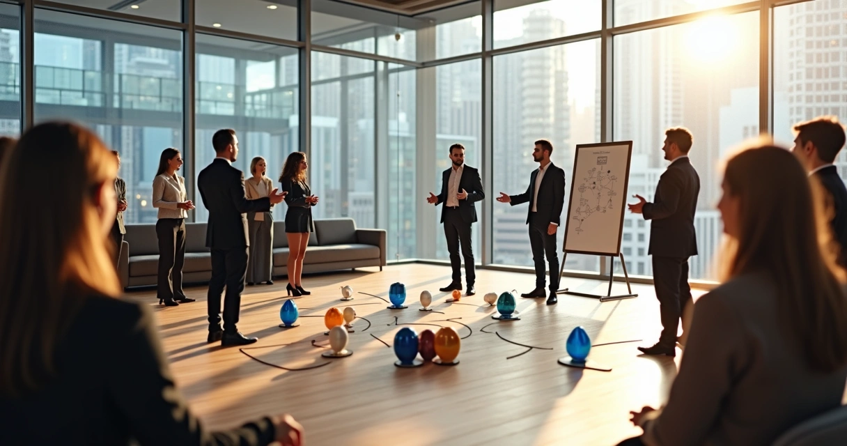 Equipo directivo observando una constelación sistémica representada con personas y figuras en una sala de reuniones moderna 