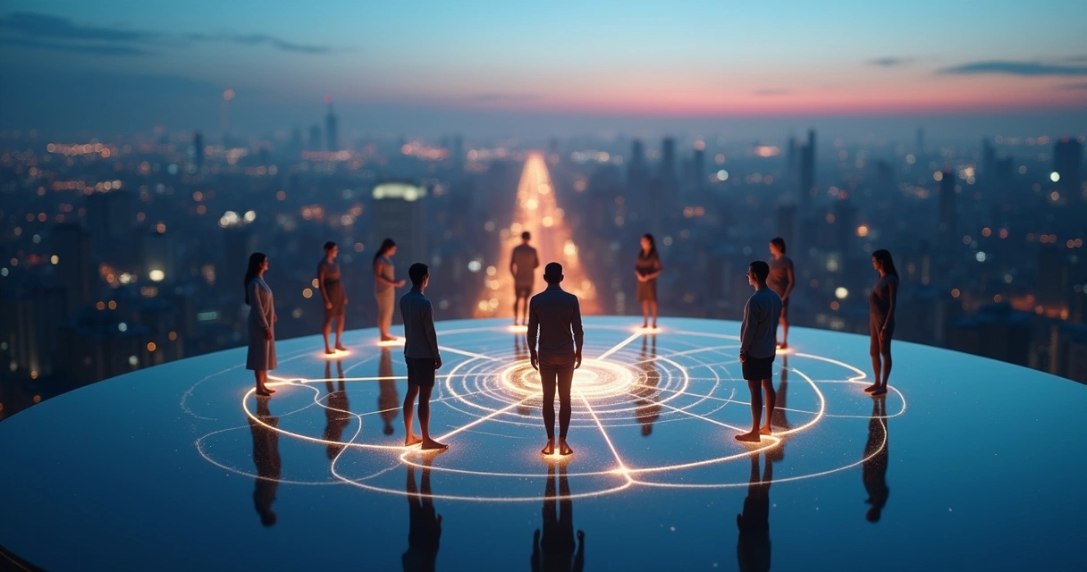 Personas conectadas por una red luminosa sobre una ciudad vista desde arriba 