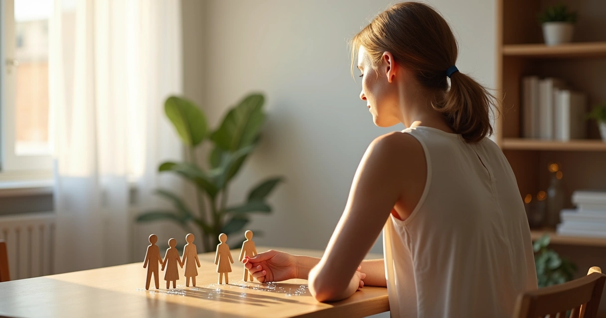 Persona observando figuras conectadas en una constelación sistémica sobre una mesa 