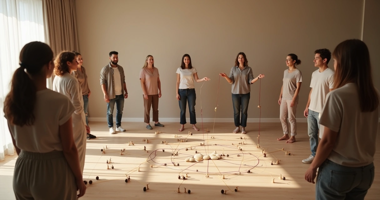 Grupo en círculo cortando lazos tóxicos y creando una constelación sistémica armónica 