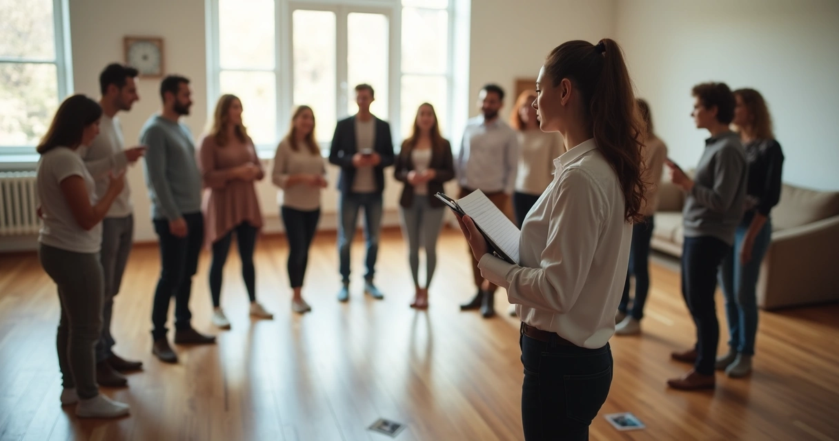 Simulación de constelación sistémica con personas representando miembros de un grupo 