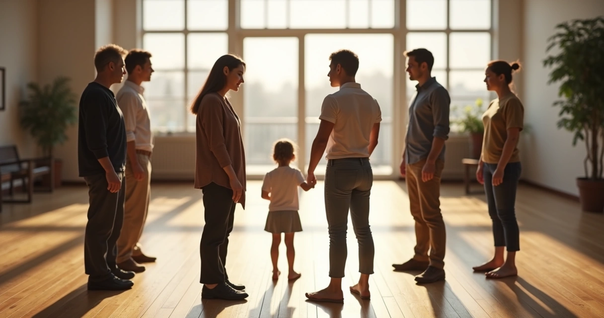Constelación sistémica con terapeuta guiando a participantes en círculo 