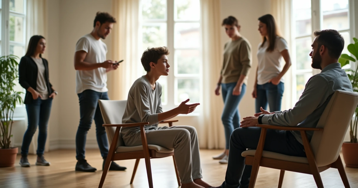 Terapeuta guiando a un adolescente y sus padres en una sesión de constelaciones familiares 