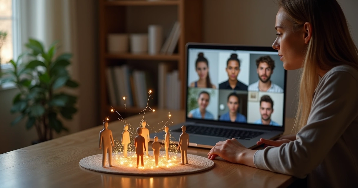 Terapeuta guiando constelación familiar en videollamada con figuras luminosas conectadas 