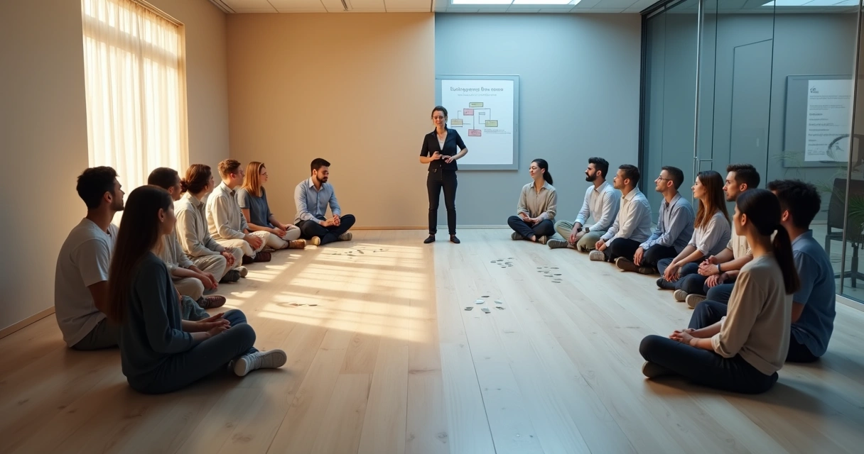 Comparación visual entre constelación familiar y constelación laboral en un entorno profesional cálido 