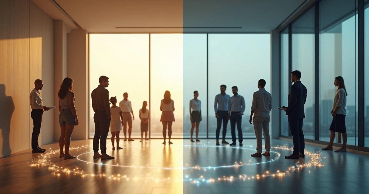 Comparación visual entre constelación familiar y constelación organizacional en dos mitades 