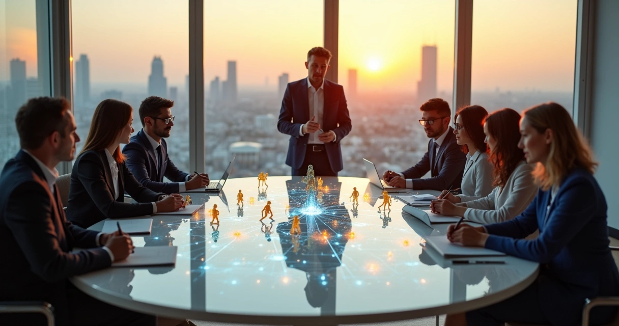 Equipo directivo observando un modelo sistémico de una organización conectado por líneas de luz 