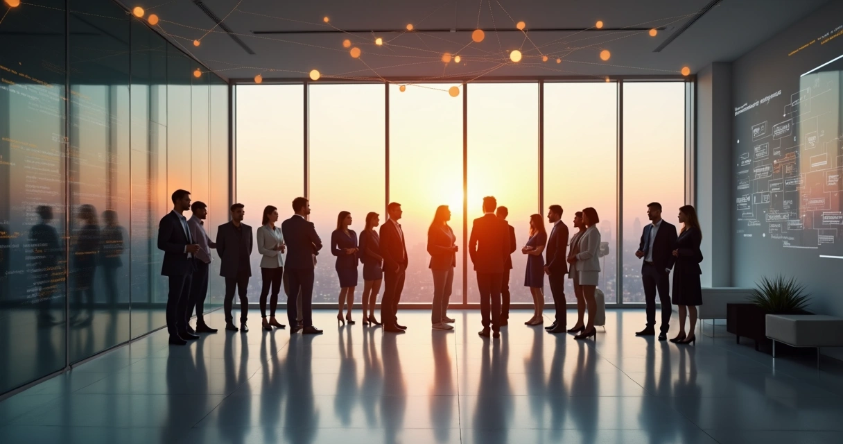 Equipo directivo conectado por líneas formando un sistema organizacional 