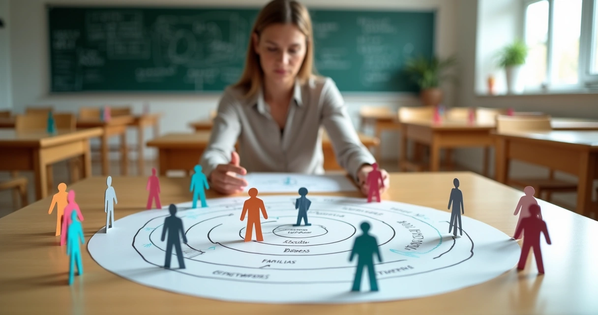 Docente en aula ordenando figuras de papel que representan un sistema escolar 