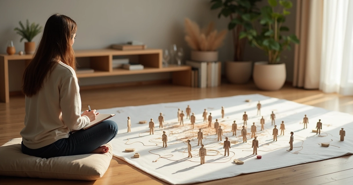 Persona frente a figuras conectadas por líneas simbolizando constelaciones sistémicas 