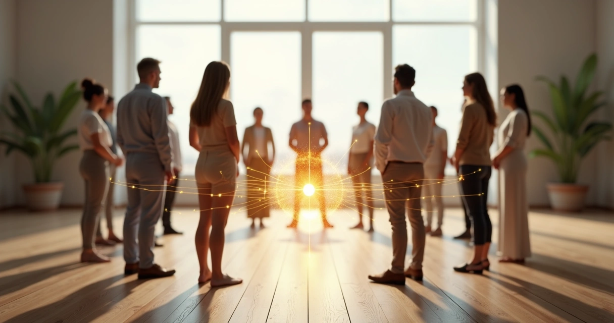 Personas de pie en círculo conectadas por líneas de luz 