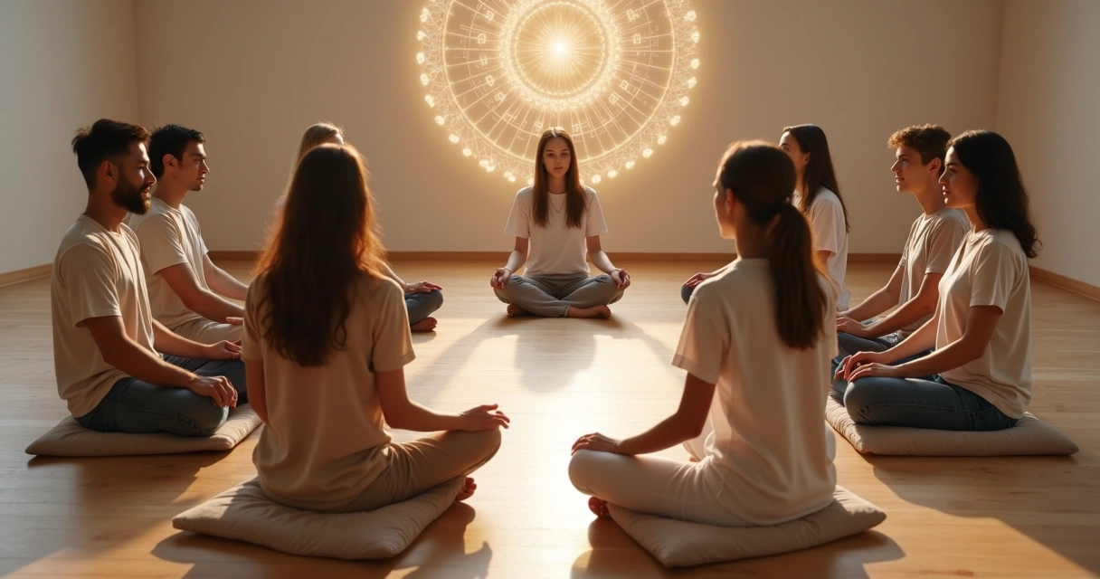 Personas conectadas en círculo con luces entre ellas representando constelaciones sistémicas 