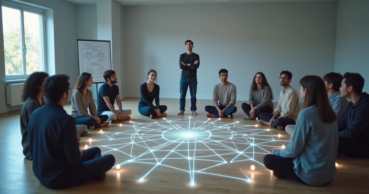 Personas conectadas por una red de luz en forma de constelación en un espacio neutro 