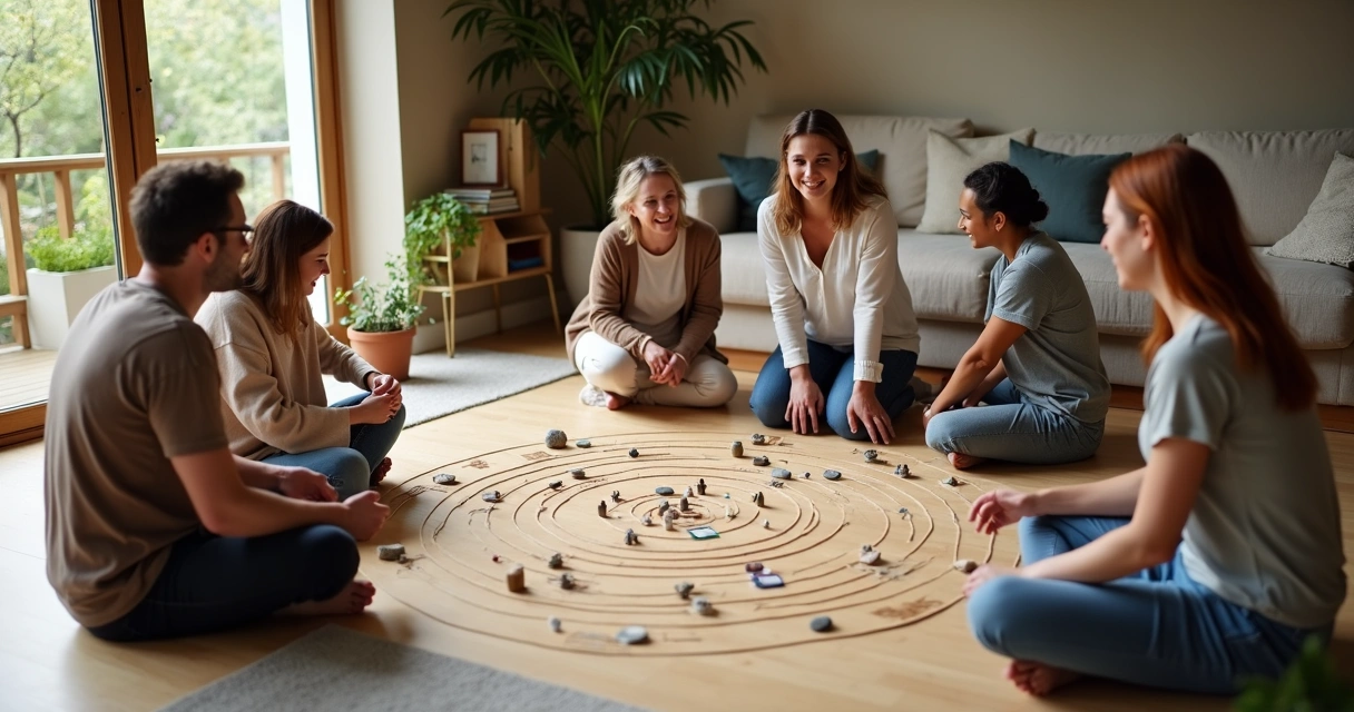 Grupo diverso usando figuras en el suelo para explorar conexiones de la vida cotidiana 