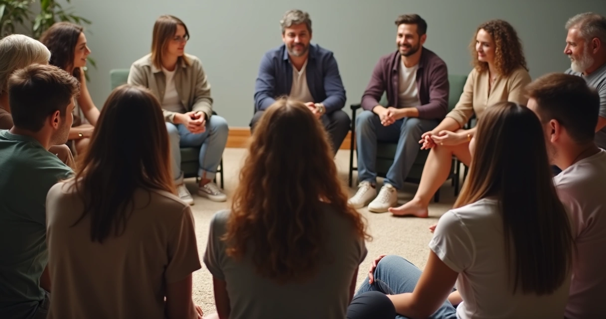 Grupo de pessoas em roda apoiando emocionalmente uma pessoa no centro 