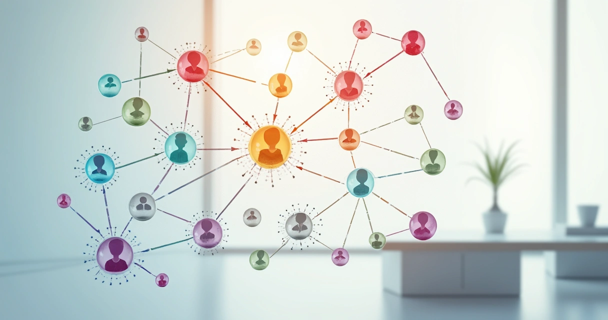 Conceptual organizational constellation diagram with interconnected nodes and arrows