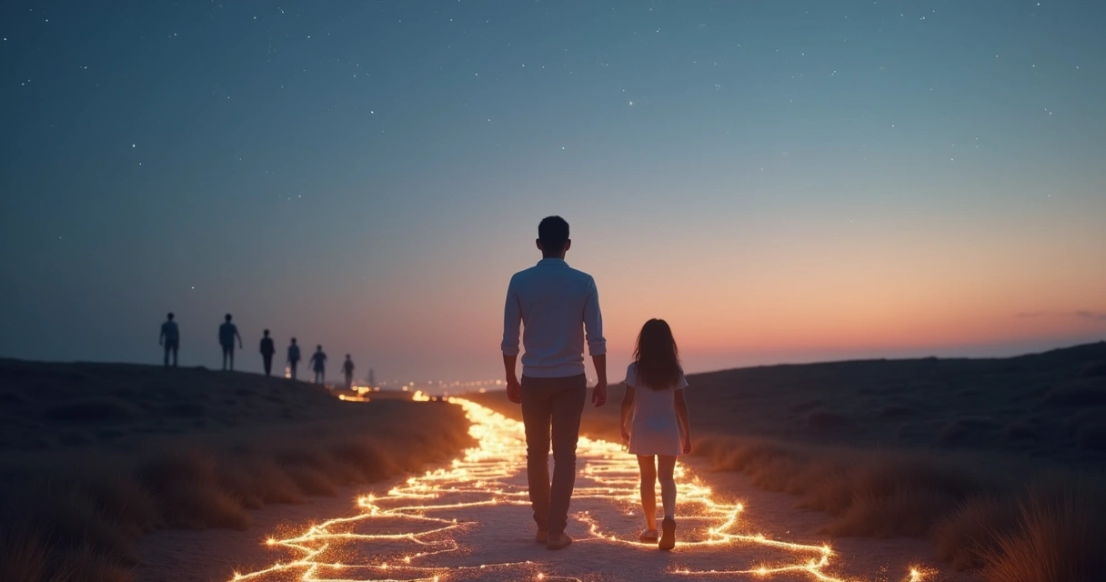 Person walking along glowing constellation lines in a calm landscape 