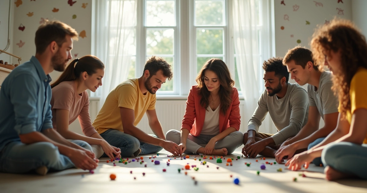 People in a workshop arranging objects on the floor for constellation exercise 