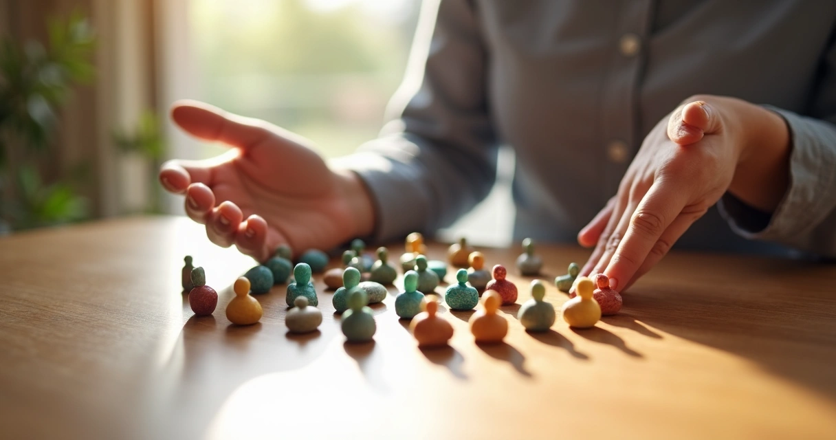 Objects arranged on a table representing family members 