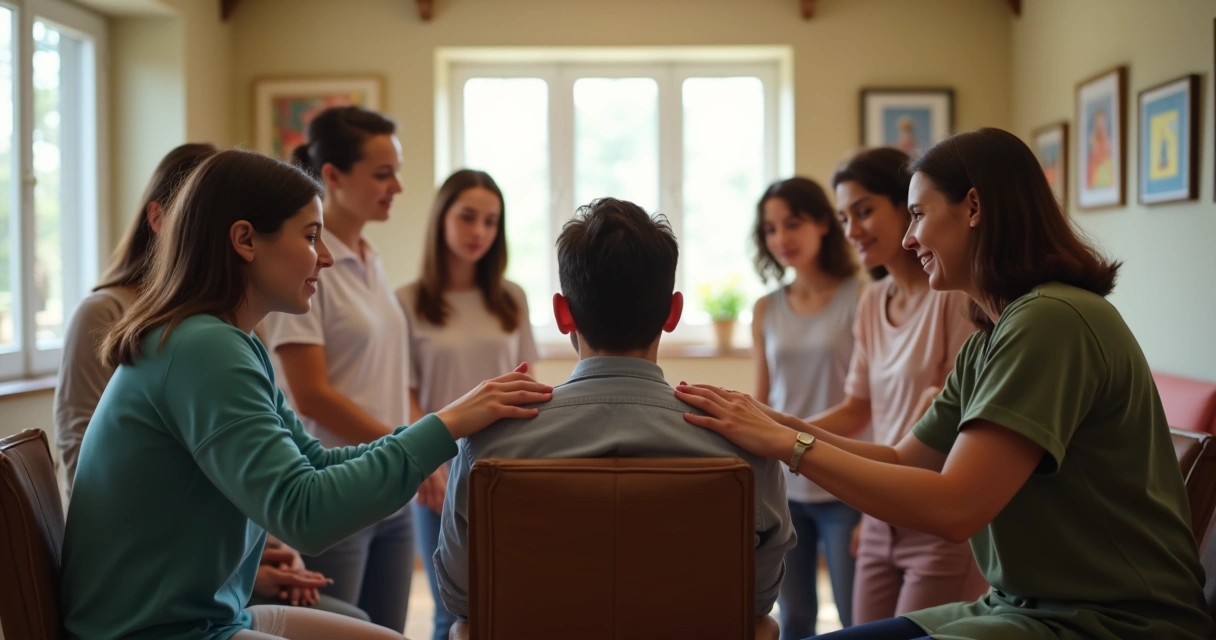 Group gently comforting a person in a chair during a constellation exercise. 