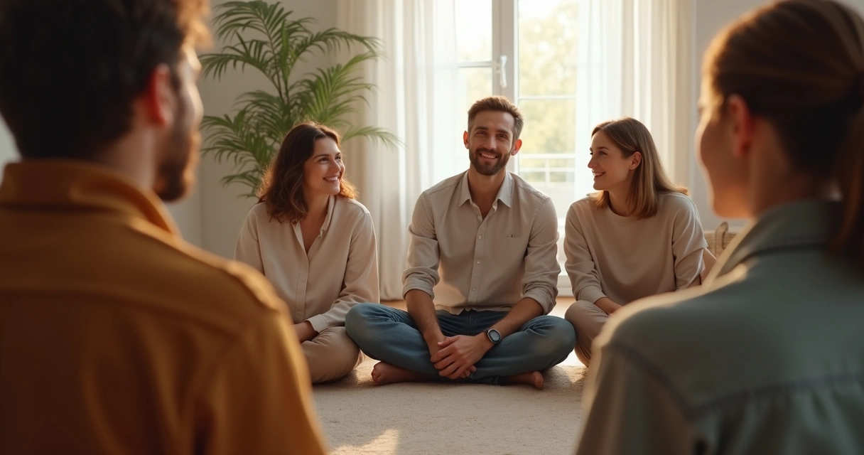 A facilitator guiding a group session of systemic constellation with participants representing family members 