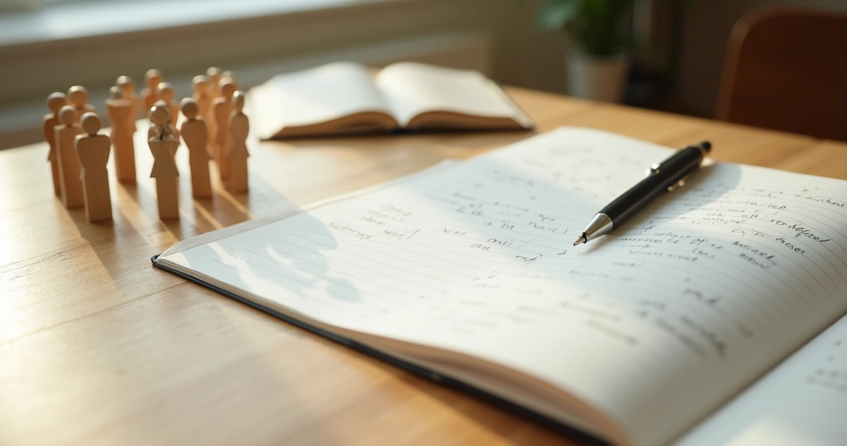 Open journal beside symbolic family figures on a table 