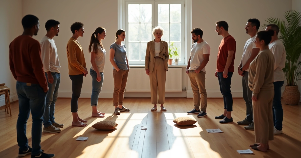 Circle of people representing family members in a systemic constellation session 
