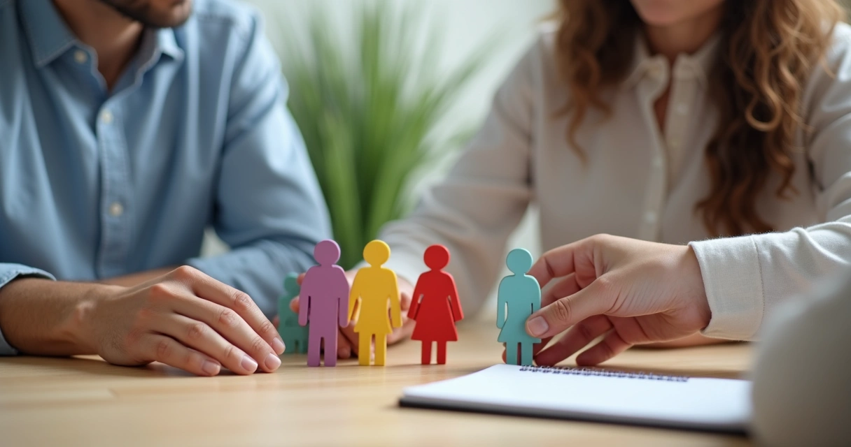 Therapist and client using small figures for systemic constellation 