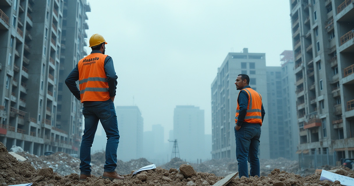 Construção de apartamentos inacabada com comprador desapontado, refletindo o impacto do atraso na entrega do imóvel.
