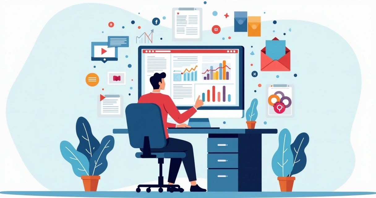 Pessoa planejando estratégias de audiência em tela digital com ícones de redes sociais e gráficos coloridos 
