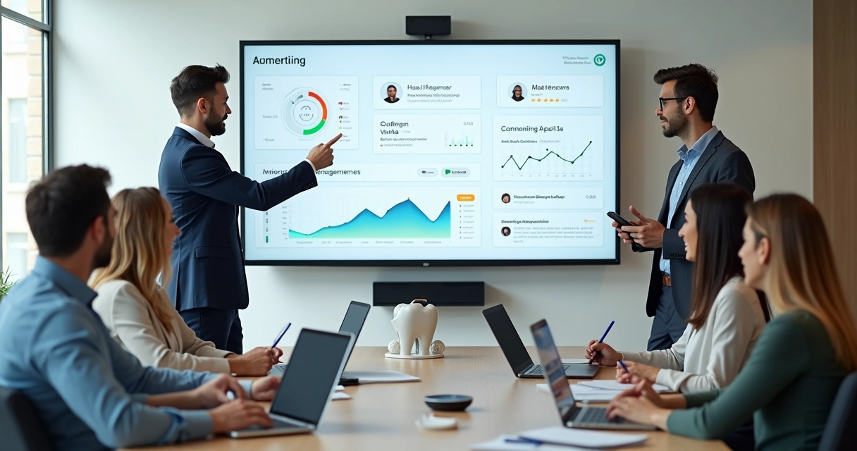 Profissional mostrando símbolos digitais de autoridade em tela grande para equipe em reunião 