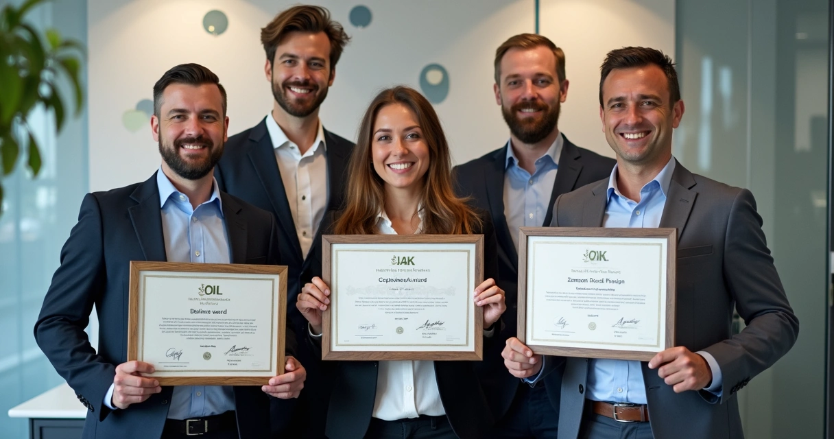 Equipe de marca apresentando certificados e conquistas 
