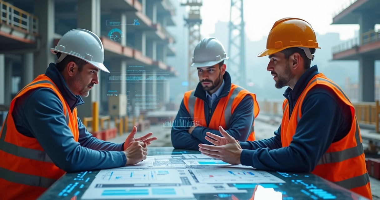 Canteiro de obras com diferentes especialistas debatendo em torno de mesa digital, equipamentos modernos, e gráficos de produtividade ao fundo 