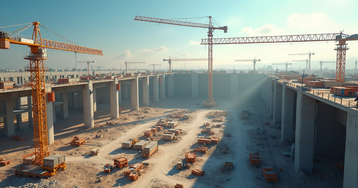 Vista aérea de canteiro de obras com gruas, materiais de construção e trabalhadores. 