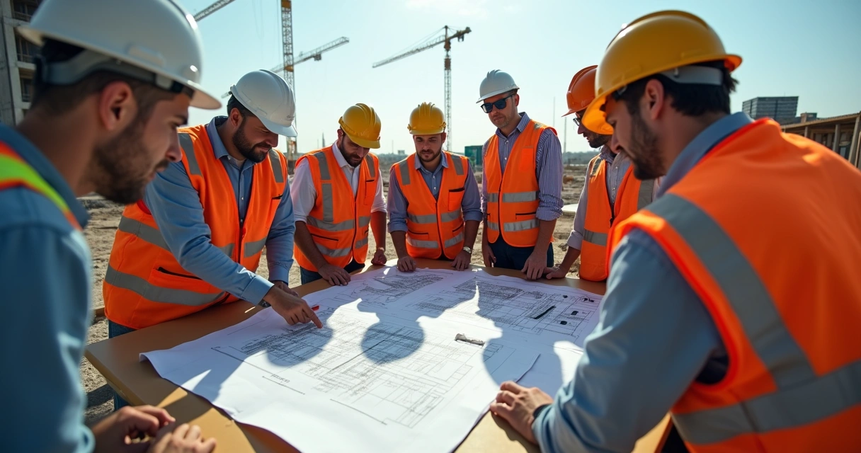 Equipe de construção civil reunida em uma obra