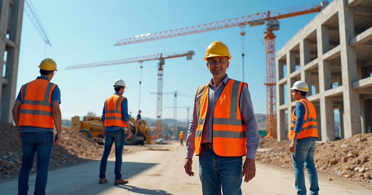 Trabalhadores de construção civil em obras na Espanha, uso de equipamentos de segurança 