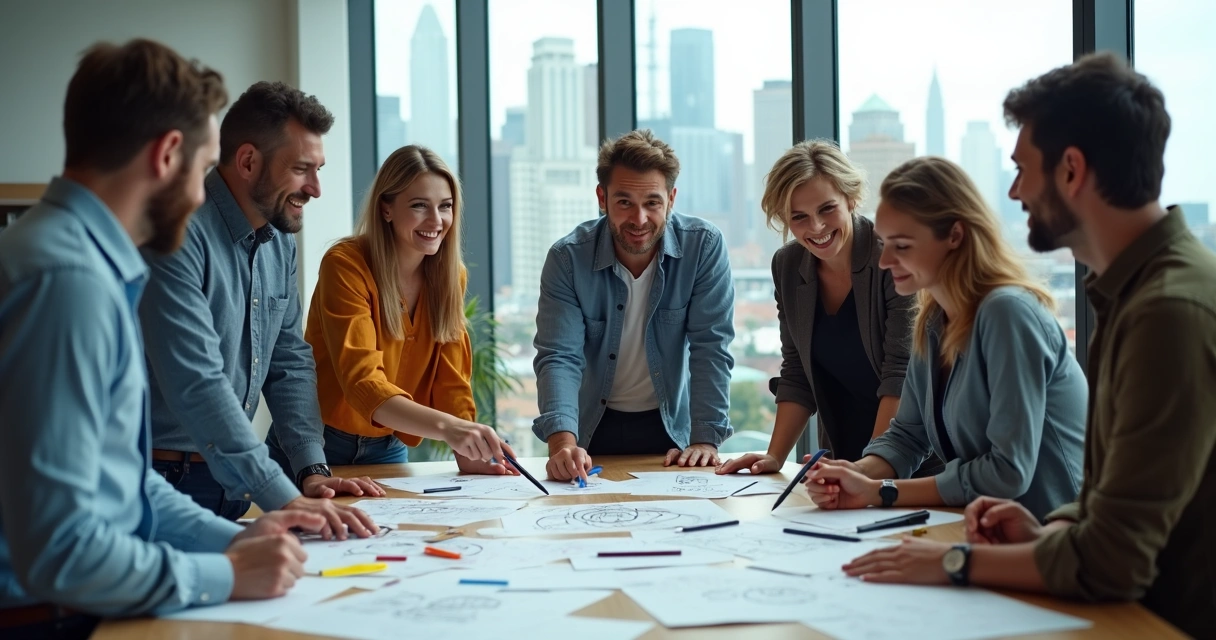 Time reunido ao redor de uma mesa criando ideias em conjunto 