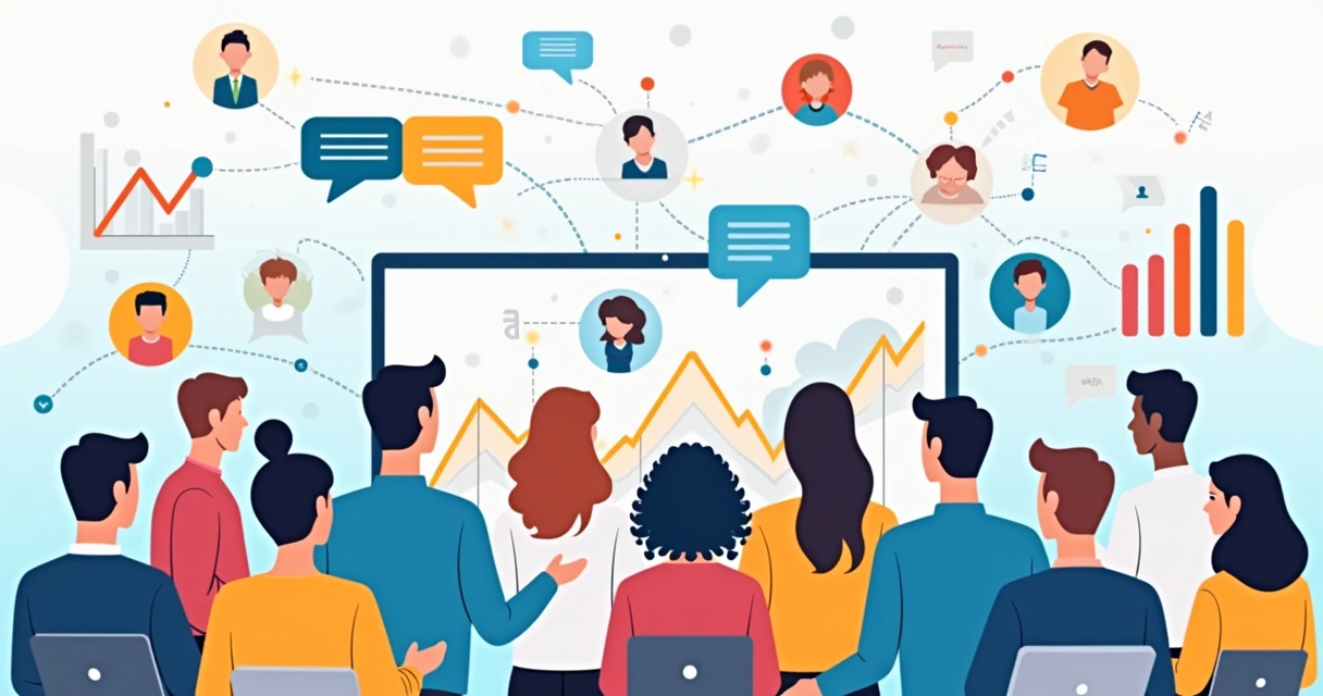 Ilustração corporativa estilizada mostrando pessoas conectadas em uma comunidade digital com troca de mensagens e gráficos de engajamento coloridos 