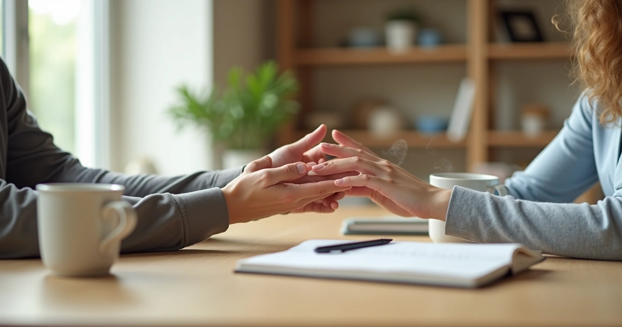 Duas pessoas sentadas frente a frente tocando as mãos sobre a mesa em gesto de confiança 