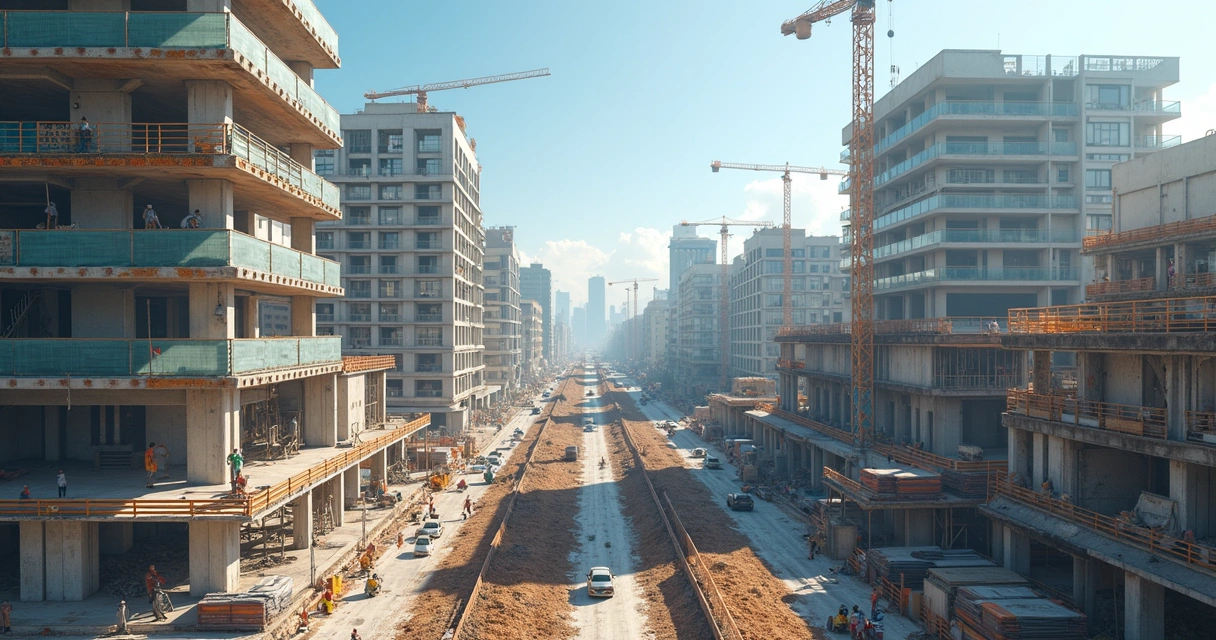 Vários operários trabalham em edifício em construção com andaimes e materiais no chão 