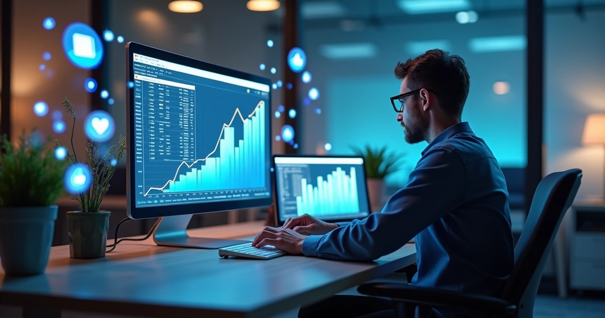 Pessoa analisando gráficos e redes sociais em tela de computador moderno com ícones de engajamento ao redor 