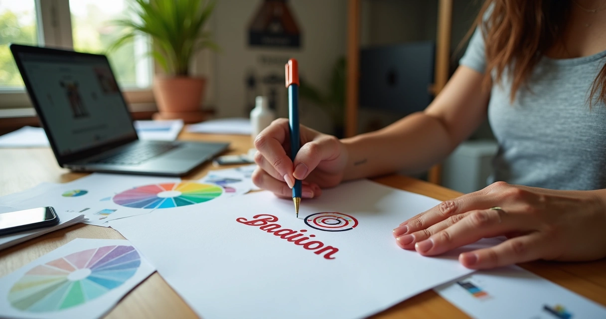 Mulher criando identidade visual da marca com materiais de design